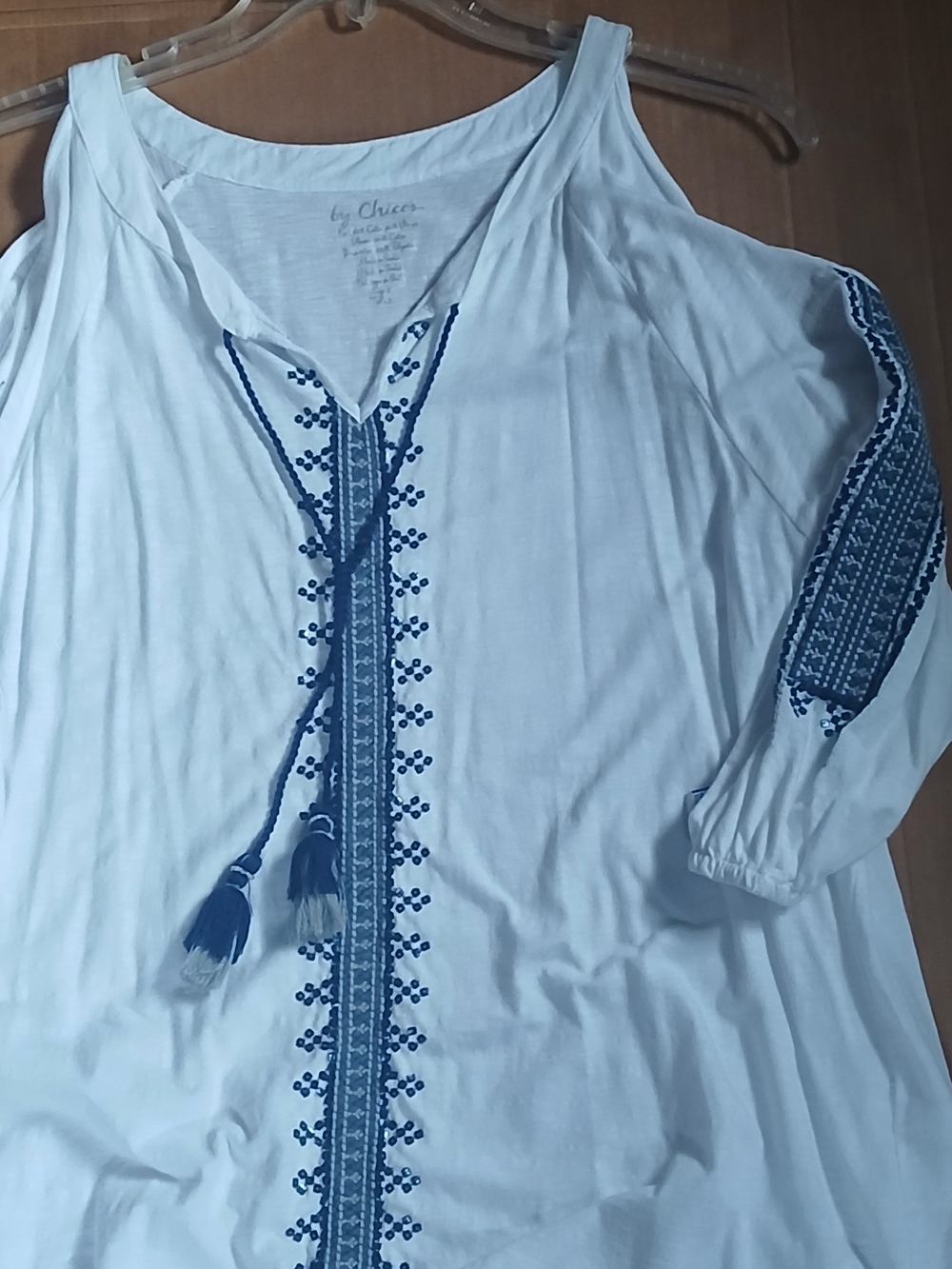 Chico's White Embroidered Peasant Top with Blue Detail Tassells Size 3